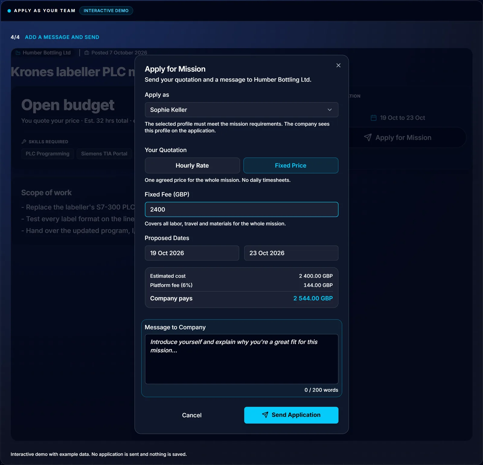 Der Dialog „Auf Mission bewerben“ mit „Bewerben als“ auf einen Techniker des Teams gesetzt und einem Festpreis von GBP 2 400, mit der Plattformgebühr und dem Gesamtbetrag für das Unternehmen