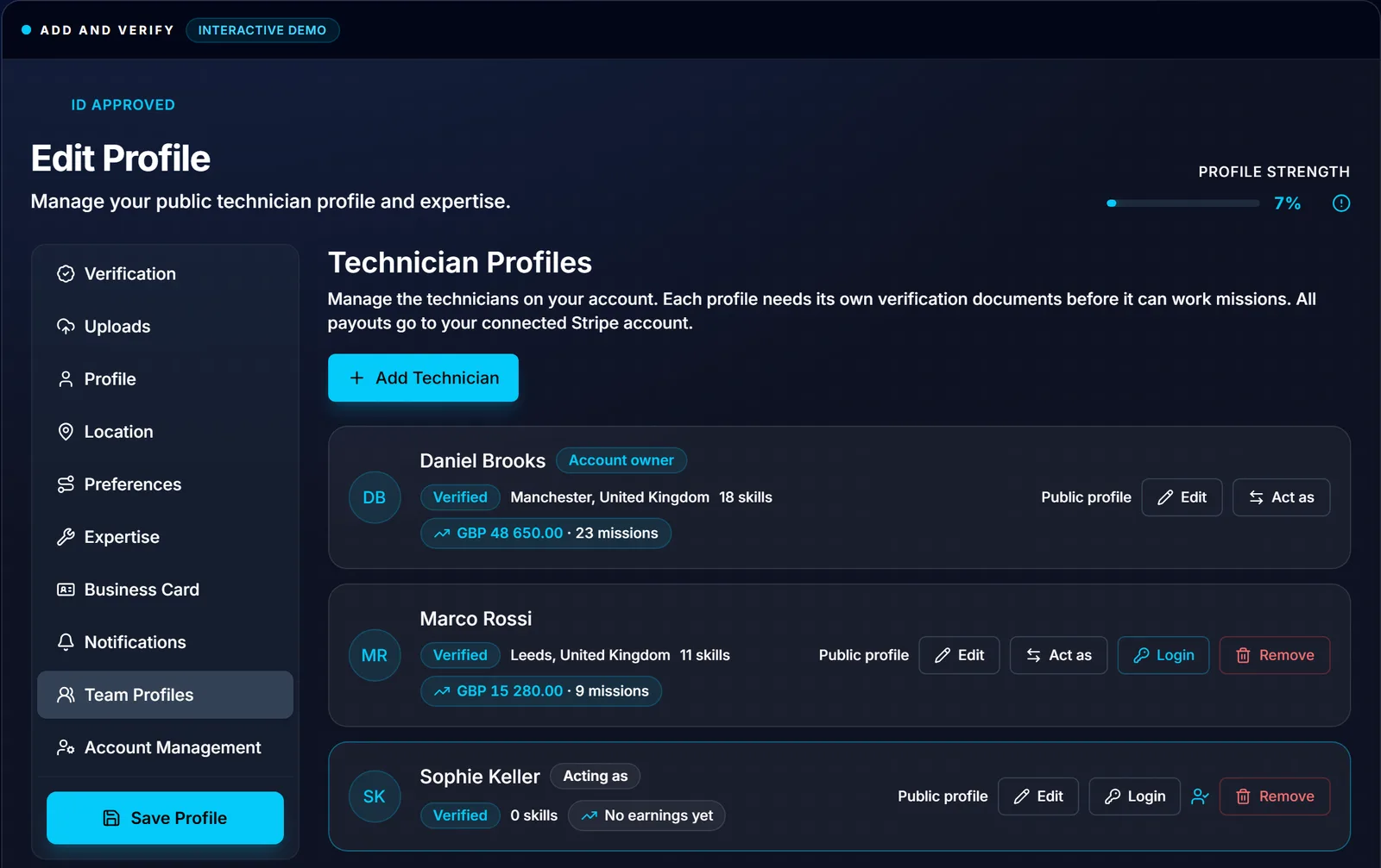 Der Tab „Team Profiles“ unter „Profil bearbeiten“ mit dem Kontoinhaber und zwei Technikern des Teams, jeder als „Verifiziert“ markiert