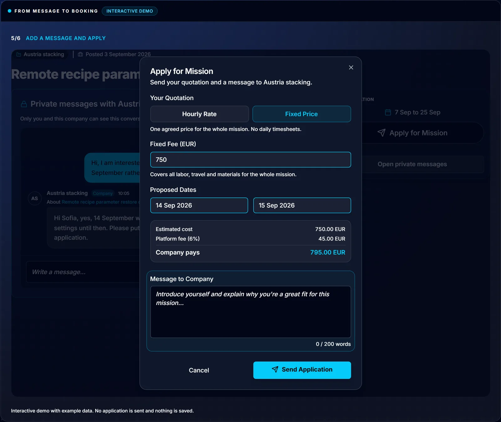 The Apply for Mission dialog with a fixed price of 750 EUR for two agreed days, showing the platform fee and the company's total