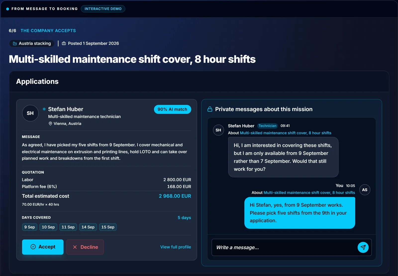 The company's view of a shift cover application, with the days covered, the total cost and the private messages that agreed the dates